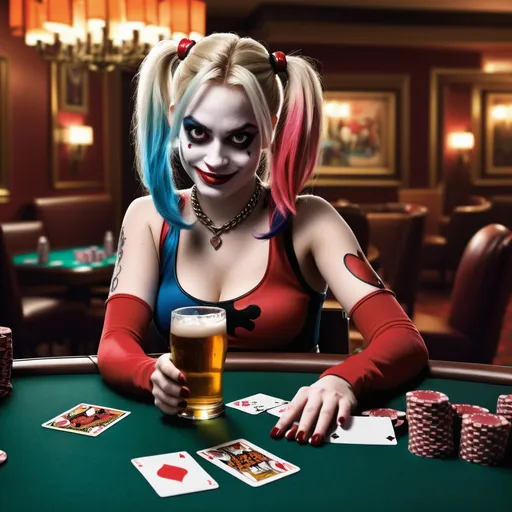 Prompt: Harley Quinn playing poker at casino, handing tree A cards, a glass of beer onthe table