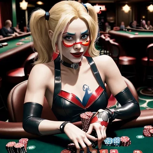 Prompt: Harley Quinn playing poker at casino, handing tree A cards, a glass of beer onthe table