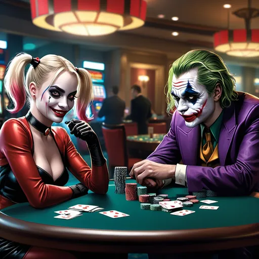 Prompt: Harley Quinn and Joker playing poker at casino, handing tree A cards, aglass of beer onthe table