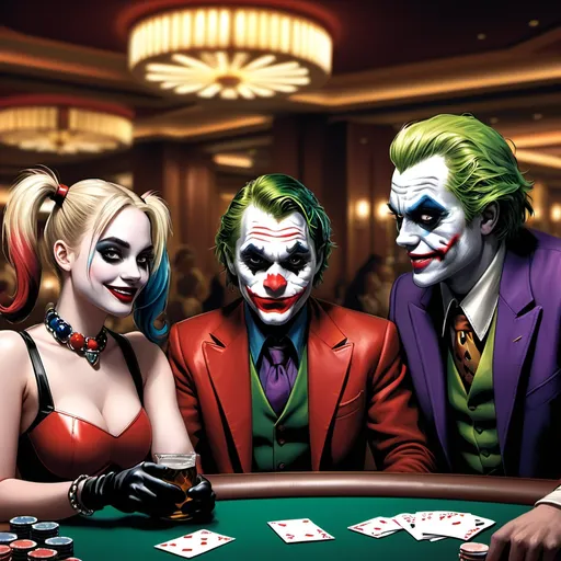 Prompt: Harley Quinn and Joker playing poker at casino, handing tree A cards, aglass of beer onthe table