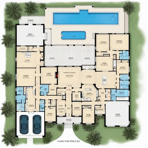Prompt: a floor plan of a three-story house with 6 bedrooms with ensuite bathrooms, kitchen, living room, dining room, outdoor pool, game room, theatre.
