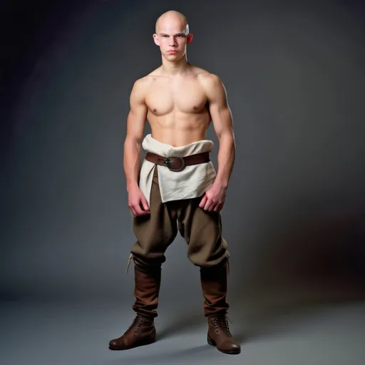 Prompt: a young 18 years old , tall , no muscles , bald with a little viking beard , wearing cloth armour with cloth pants, dungeon and dragons style 