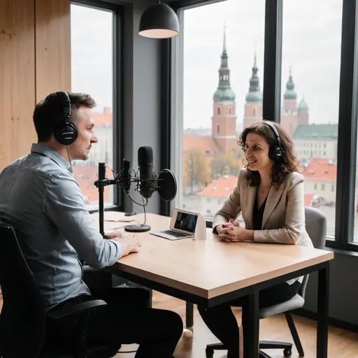 Prompt: Generate a photograph that capture a men and a women in podcast studio while they are talking during the recordings. Let it be modern podcast studio with a view through the window of Warsaw in Poland. Let it look like they are having a discussion with each other, for example let them gesticulate.