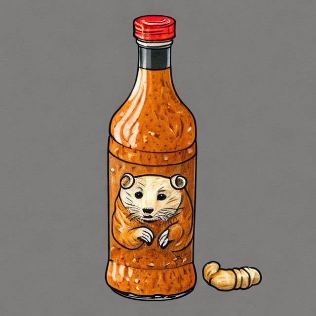 Prompt: Create a drawing of a bottle that contains sauce. The sauce in the bottle must look like it is made out of ferrets.