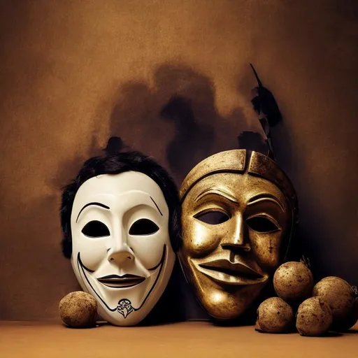 Prompt: The two mask of theater, comedy and tragedy