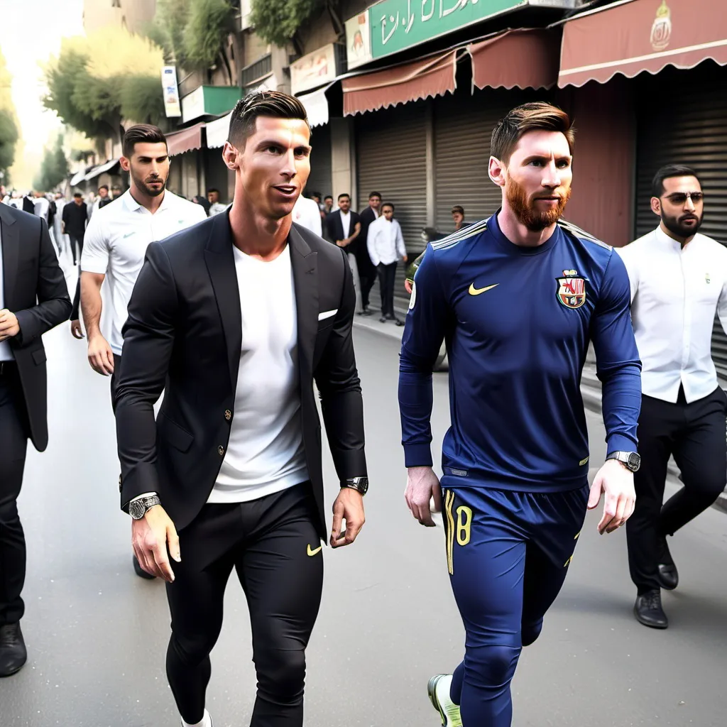 Prompt: cr7 and messi walking around in tehran city and eating persien food