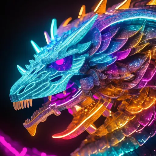Prompt: Watercolor portrait of a roaring neon skeleton dragon with iridescent black markings and a cute face, perfect composition, hyperrealistic, super detailed, 8k, high quality, trending art, trending on artstation, sharp focus, studio photo, intricate details, highly detailed, illustration