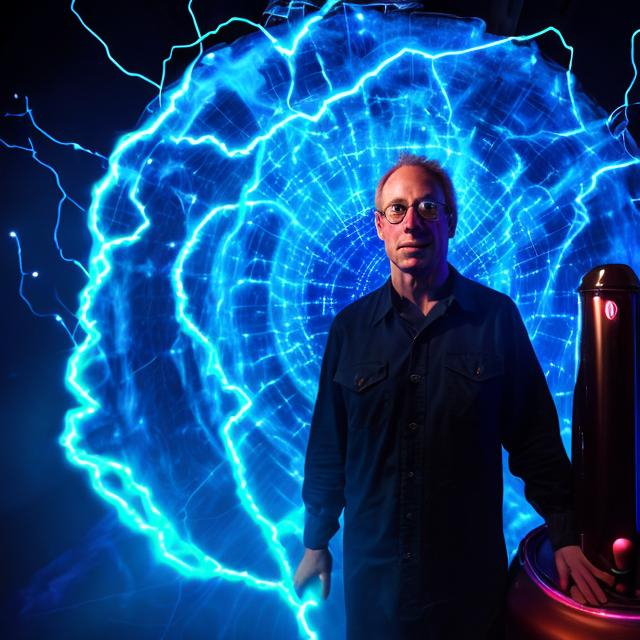 Prompt: Dr. Steven Greer standing in front of a Tesla coil with blue lighting bolts swirling around the room