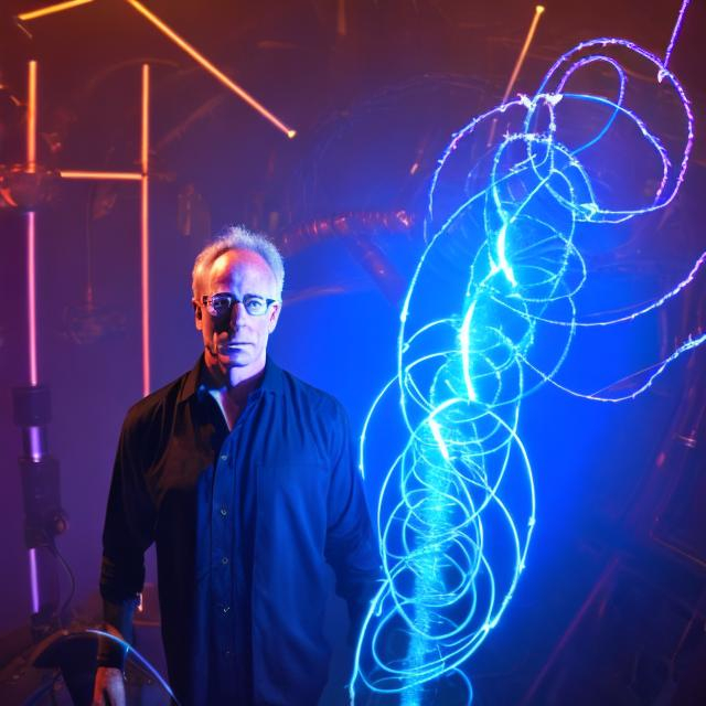 Prompt: Dr. Steven Greer standing in front of a Tesla coil with blue lighting bolts swirling around the room