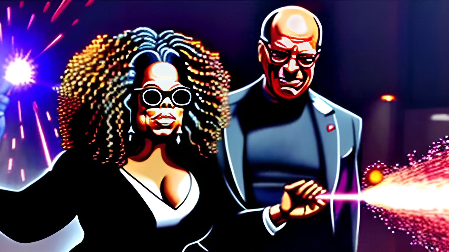 Prompt: Oprah firing a huge laser canon paying a man in a suit money and whispering in his ear


