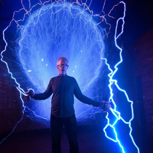 Prompt: Steven Greer standing in front of a tesla coil with blue lighting bolts shooting around the room