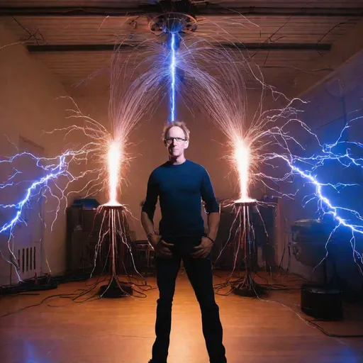 Prompt: Steven Greer standing in front of a tesla coil with blue lighting bolts shooting around the room