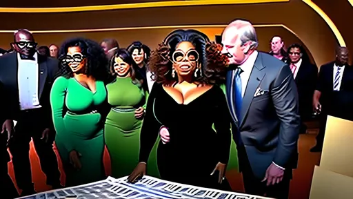 Prompt: Oprah next to huge laser canon paying a man in a suit money and whispering in his ear


