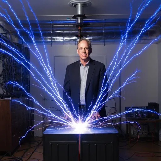 Prompt: Dr. Steven Greer standing in front of a Tesla coil with blue lighting bolts swirling around the room