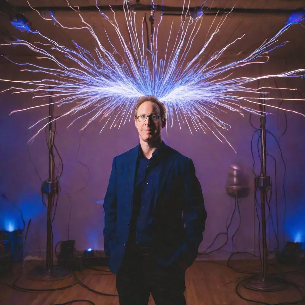 Prompt: Steven Greer standing in front of a tesla coil with blue lighting bolts shooting around the room