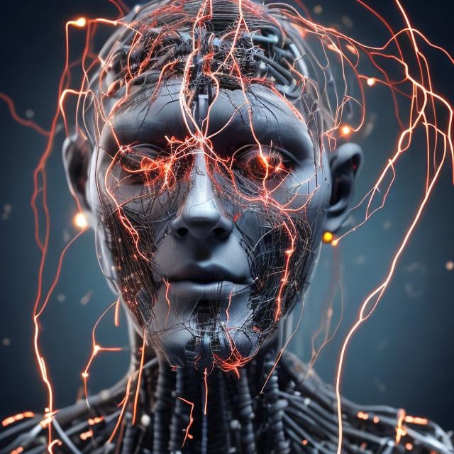 Prompt: Ai Robot Cyborg Face with sparks and wiring coming out of it's face 
