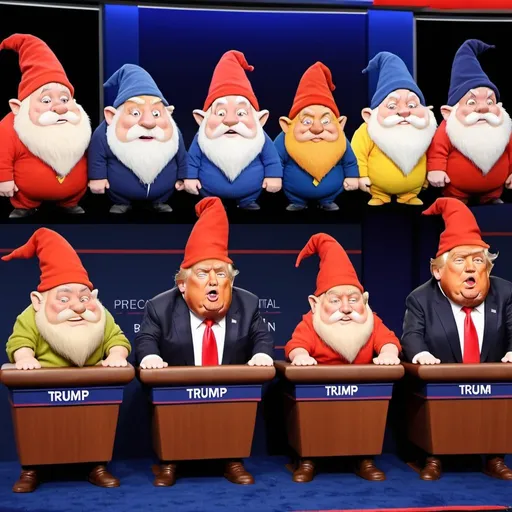Prompt: 7 dwarfs on the US Presidential Debate stage with Trump and Joe Biden and Sleepy sleeping at the podium