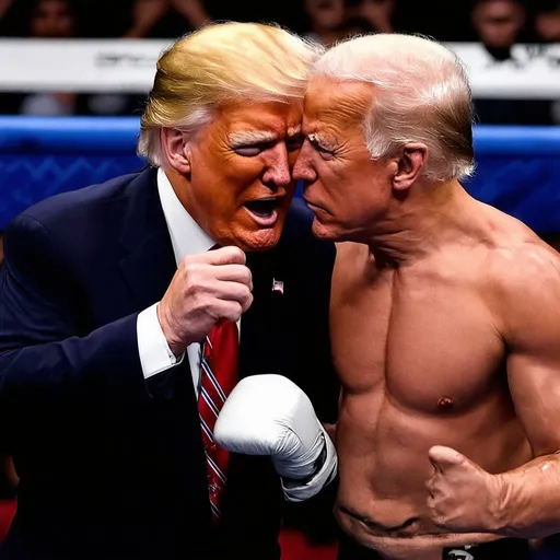 Prompt: Joe Biden biting Donald Trump's ear during fierce boxing match.