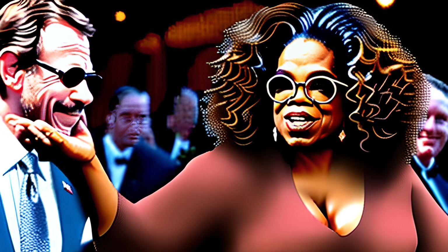 Prompt: Oprah winfrey whishpering in businessman's ear while he pulls the lever of a huge laser system


