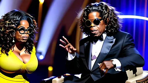 Prompt: Oprah firing a huge laser canon paying a man in a suit money and whispering in his ear


