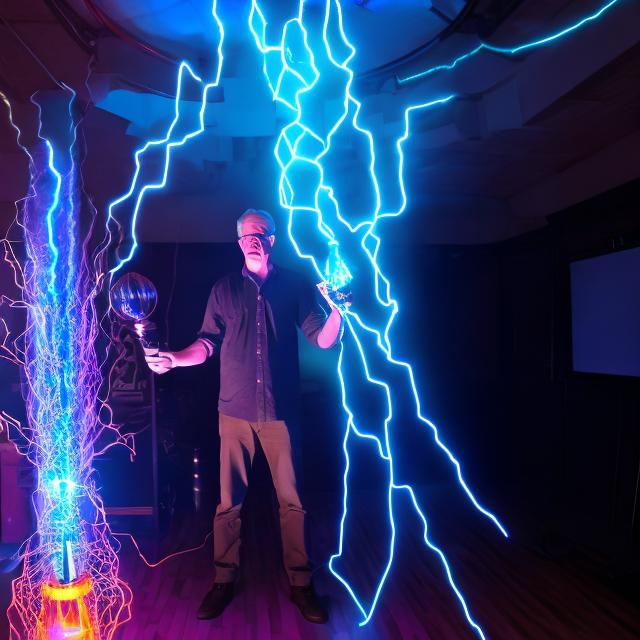 Prompt: Steven Greer standing in front of a tesla coil with blue lighting bolts shooting around the room