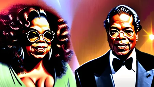 Prompt: Oprah winfrey whishpering in businessman's ear while he pulls the lever of a huge laser cannon

