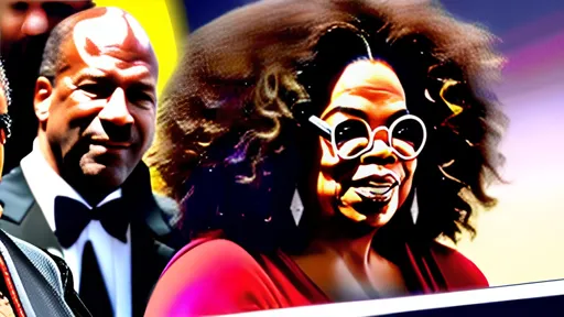 Prompt: Oprah winfrey whishpering in businessman's ear while he pulls the lever of a huge laser system


