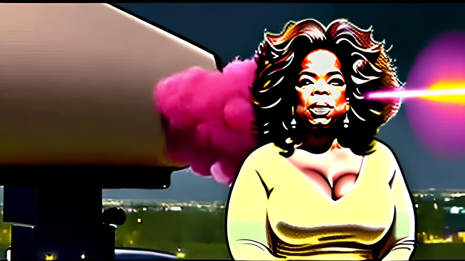 Prompt: Oprah firing a huge laser canon next to sinister business man


