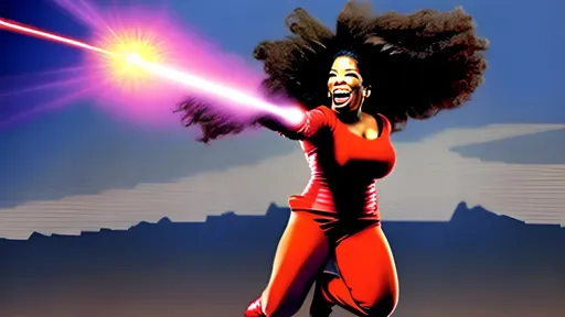 Prompt: giant laser cannon fires while oprah jumps for joy


