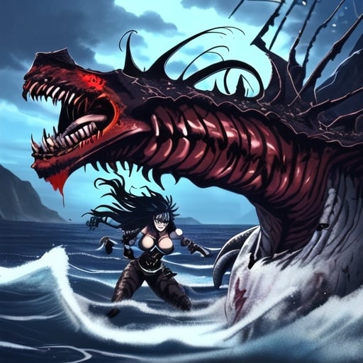 Prompt: Highly detailed digital painting of a fierce female pirate with bloodlust in her eyes, intense and intimidating gaze in their eyes fighting a sea monster with a dark and menacing atmosphere, high-quality rendering, realistic style, bright and blue sky