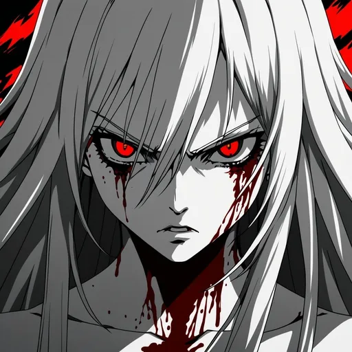 Prompt: anime drawing of a fierce woman with bloodlust in her eyes, intense and intimidating gaze