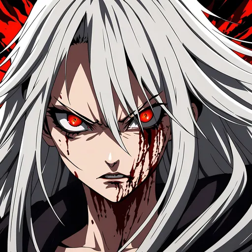 Prompt: anime drawing of a fierce woman with bloodlust in her eyes, intense and intimidating gaze