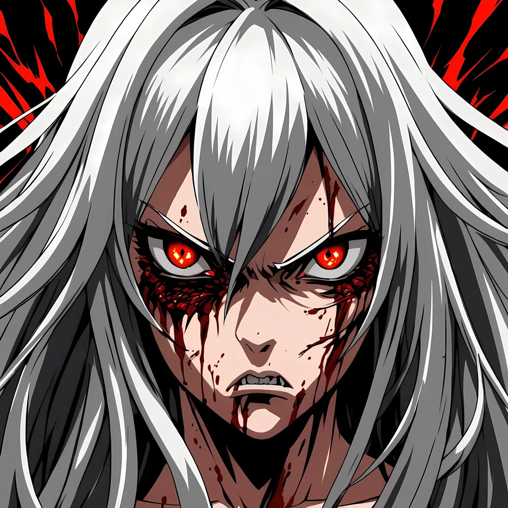 Prompt: anime drawing of a fierce woman with bloodlust in her eyes, intense and intimidating gaze