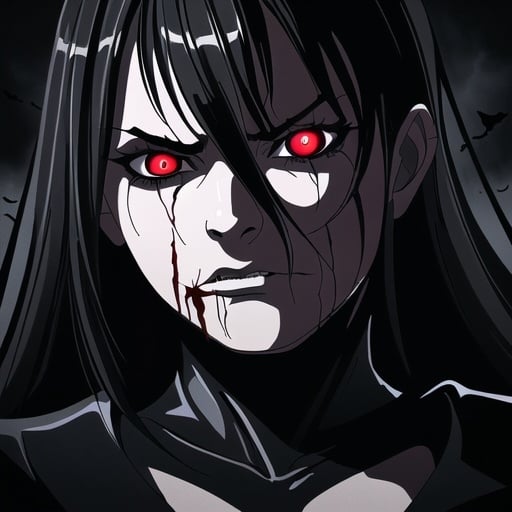Prompt: Highly detailed digital painting of a fierce woman with bloodlust in her eyes, intense and intimidating gaze, dark and menacing atmosphere, detailed facial features, high-quality rendering, realistic style, dark and dramatic lighting