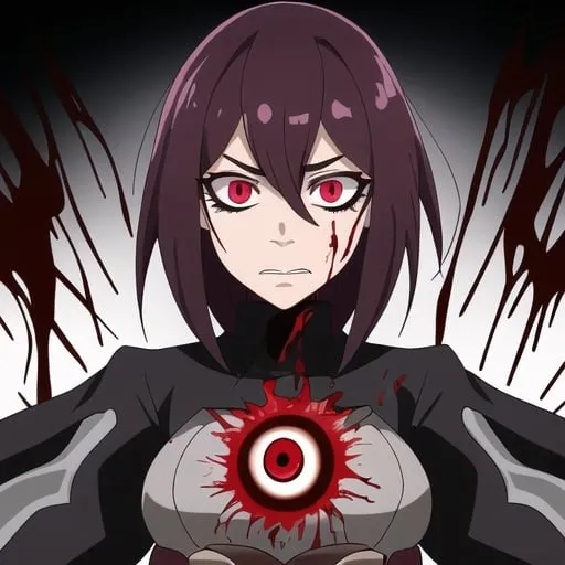 Prompt: a woman facing the viewer with bloodlust in her eyes