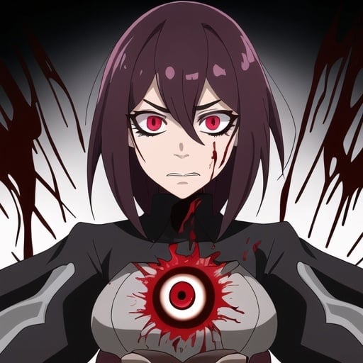 Prompt: a woman facing the viewer with bloodlust in her eyes