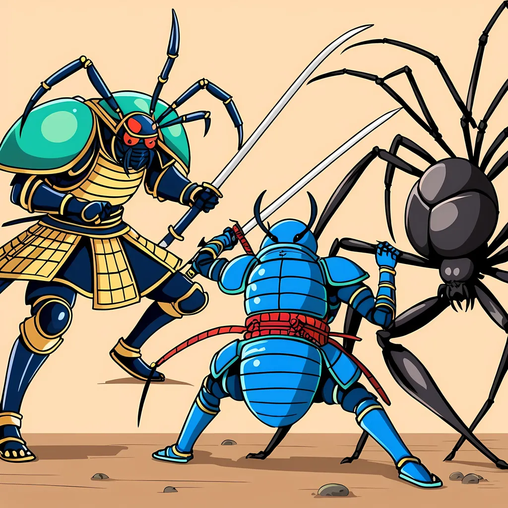 Prompt: Anime scarab beetle samurai fighting a wolf spider samurai