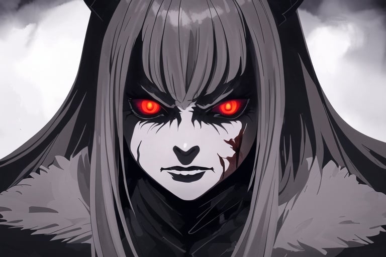 Prompt: Highly detailed digital painting of a fierce demon with bloodlust in her eyes, intense and intimidating gaze, dark and menacing atmosphere, detailed facial features, high-quality rendering, realistic style, dark and dramatic lighting