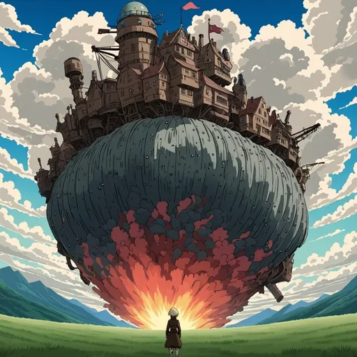 Prompt: Howl's moving castle in the style of attack on titan
