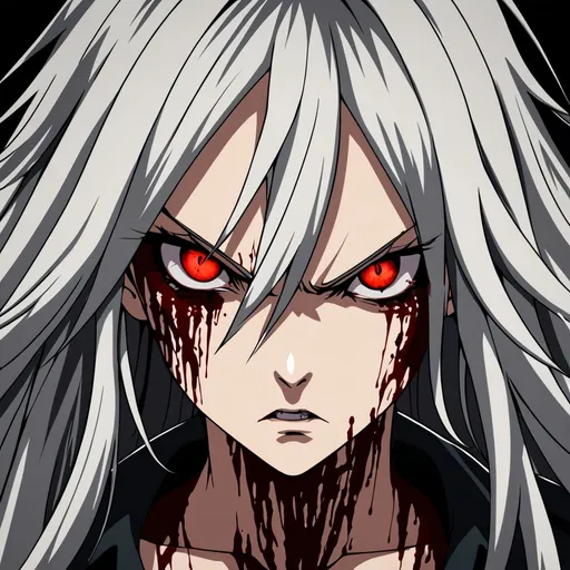Prompt: anime drawing of a fierce woman with bloodlust in her eyes, intense and intimidating gaze