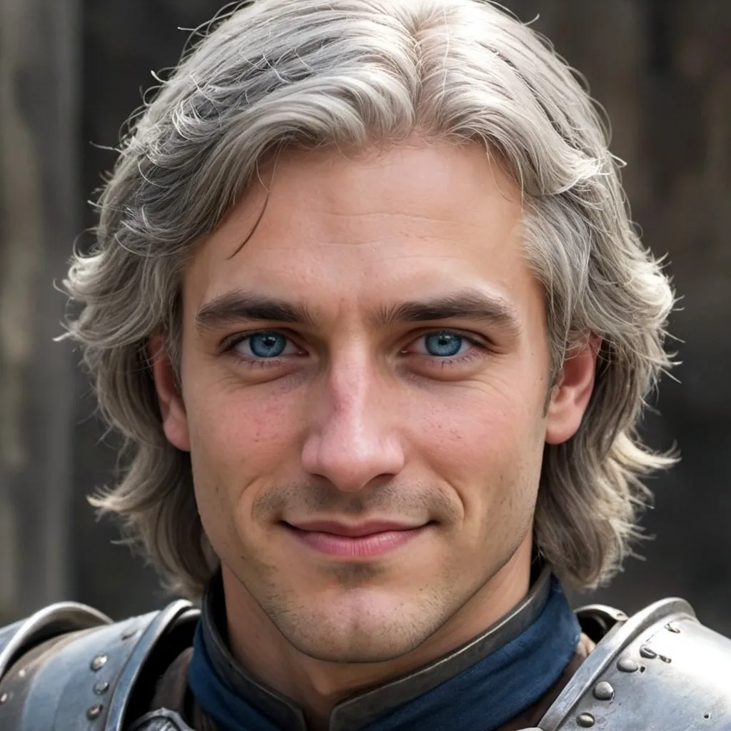 Prompt: a shoulder length gray haired knight with dark blue eyes. Looks handsome and war torn. wide shoulders. looks young twenties. has a lopsided grin. scar on cheek.