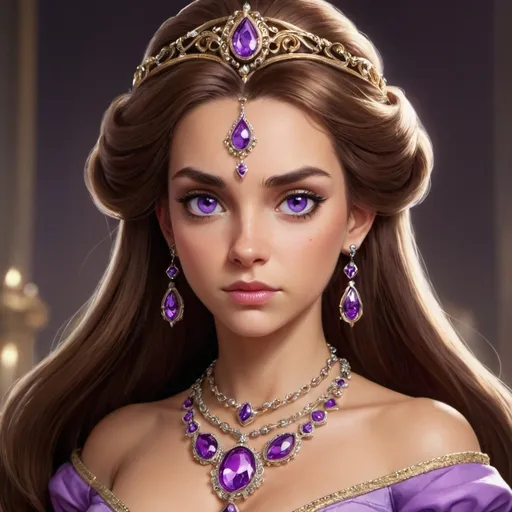 Prompt: a brown-haired purple eyes woman princess. Her necklace looks like an eye of gems. her demeanor is stern and she looks accomplished. her hair is half up half down.
