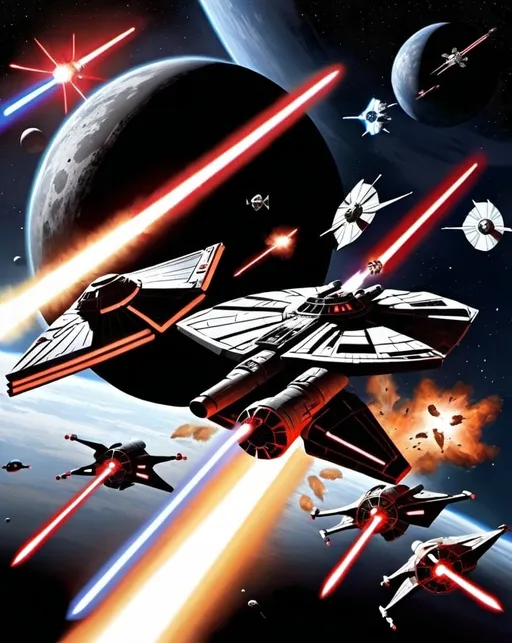 Prompt: sith and jedi clash mid space war with space ships midlle of the war star wars
