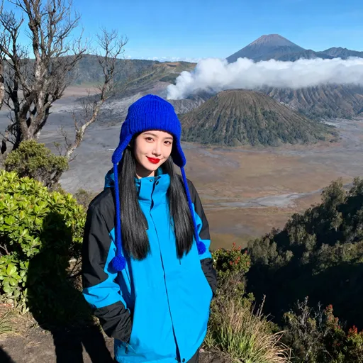 Prompt: Photograph of a young Asian woman standing outdoors on a mountain peak. She has long, straight black hair and wears a bright blue beanie with ear flaps and a matching blue jacket with black sleeves. Her skin is fair, and she has a subtle smile with red lipstick. The background features a stunning view of a volcanic landscape with a prominent, cloud-covered volcano in the mid-ground and a vast valley below. The sky is clear and bright blue. On the left, there are leafless trees and green shrubs, while the right side shows more vegetation. The woman is positioned slightly to the left of the center, with the volcano and valley occupying the right half of the image. The texture of the jacket is smooth and slightly reflective, contrasting with the natural, rugged textures of the surrounding plants and landscape. The overall scene conveys a sense of adventure and natural beauty.