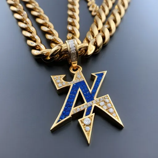 Prompt: Cuban Link diamond change with a letter k pennant. blue accents