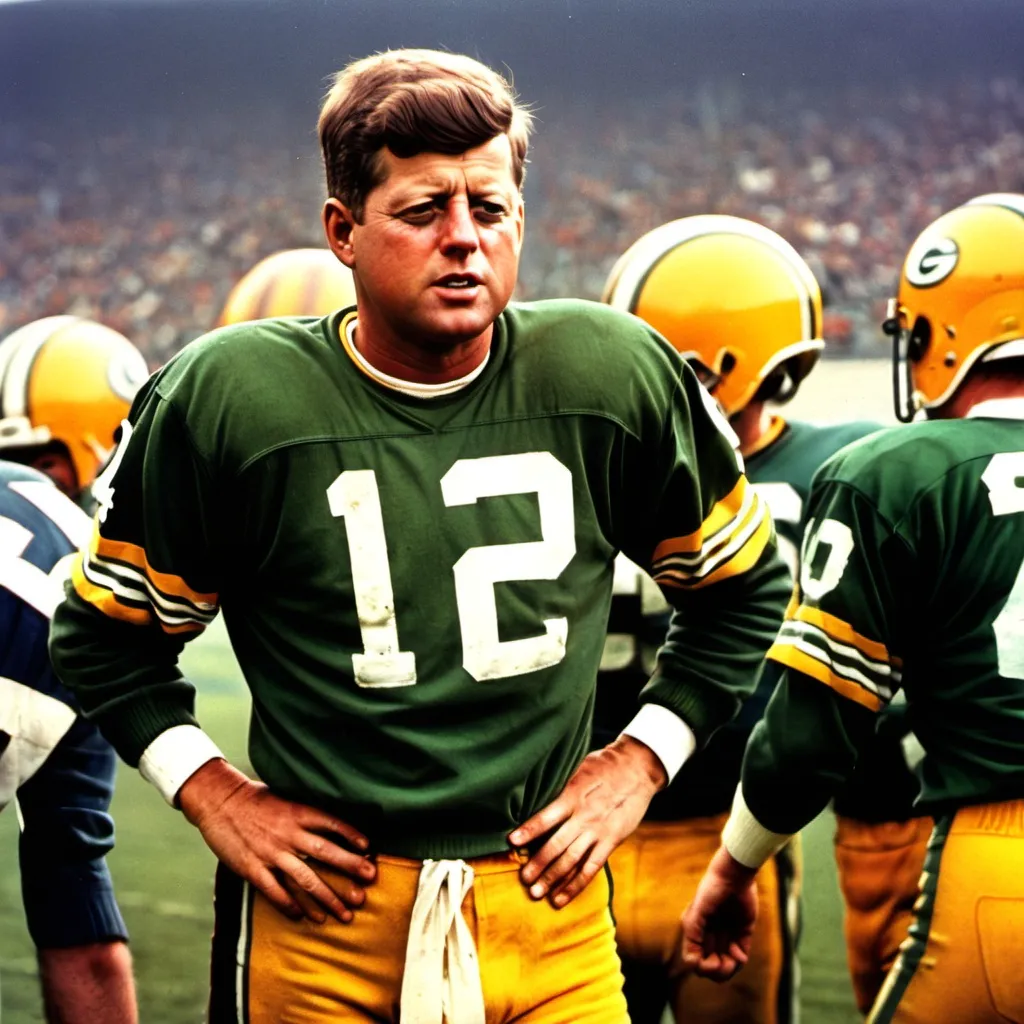 Prompt: John F Kennedy in a Green Bay Packers uniform