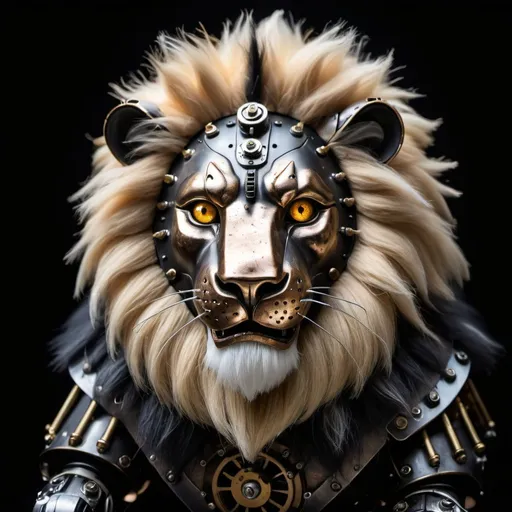 Prompt: Clockwork lion with fluffy realistic fur and illuminated mechanical eyes and armor plating sitting down on a black background lit from above, looking up at camera from below, half natural and half clockwork automata machine with matte black metal, illuminated mechanical eyes, high-contrast, shot on Nikon D850 Use lenses 50mm f 1.4, studio light, ultra realistic, 8k ultra hd --ar 7:3 --style raw --stylize 1000 --v 6