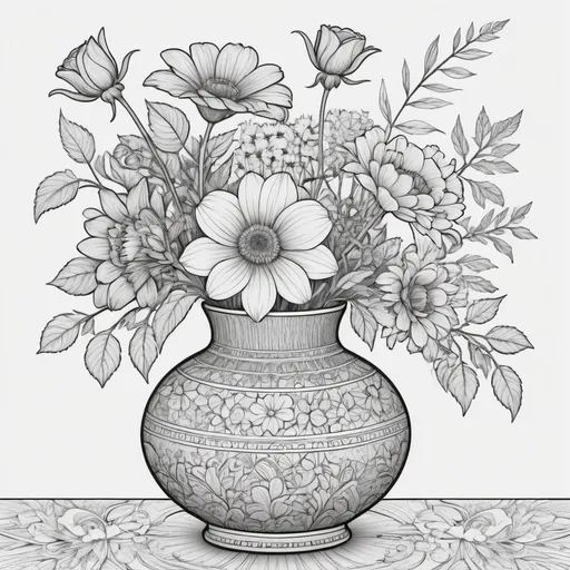 Prompt: (coloring book), (black and white), flowers in a vase, intricate line art, highly detailed, high DOF, minimalist background, simplistic lines, clear outlines, sharp contrast, textured patterns, natural style, calming atmosphere, 8k resolution, high quality, -- ar 85:110