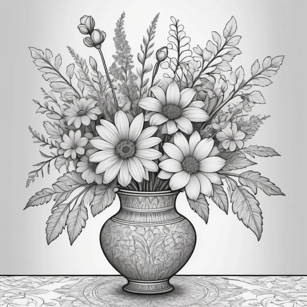 Prompt: (coloring book), (black and white), flowers in a vase, intricate line art, highly detailed, high DOF, minimalist background, simplistic lines, clear outlines, sharp contrast, textured patterns, natural style, calming atmosphere, 8k resolution, high quality, -- ar 85:110