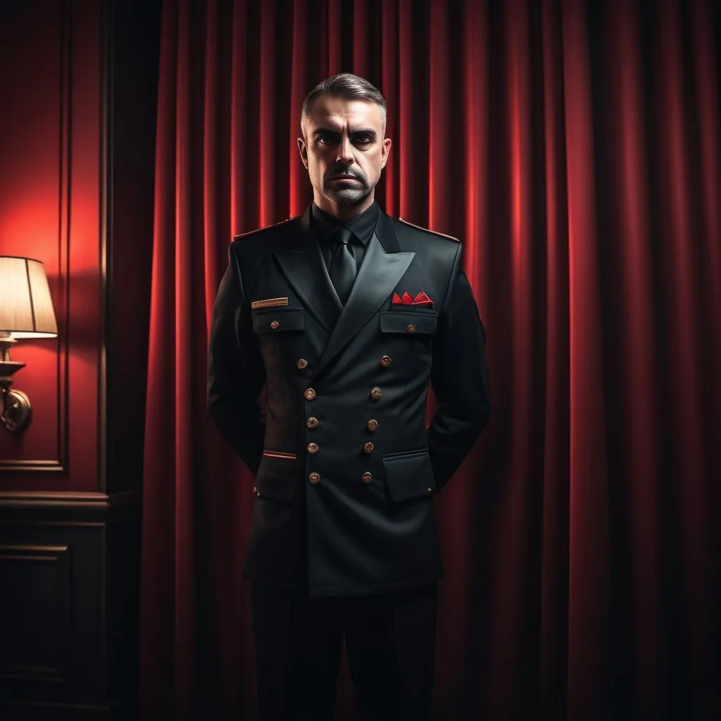 Prompt: Doorman, strict posture, black clothes, background of red and black curtains , soft warm lighting creating a dramatic contrast, capturing an atmosphere of authority and sophistication, high definition, cinematic detail, inviting yet intimidating vibe.

